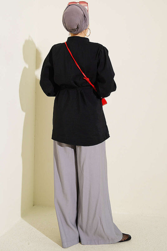 Black Shirt With Shoulder Ruched Detail And Tie Waist