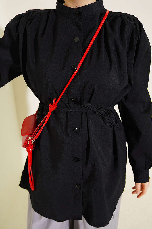 Black Shirt With Shoulder Ruched Detail And Tie Waist