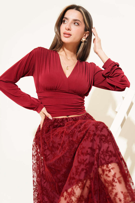 Blouse à fronces aux épaules Bordeaux