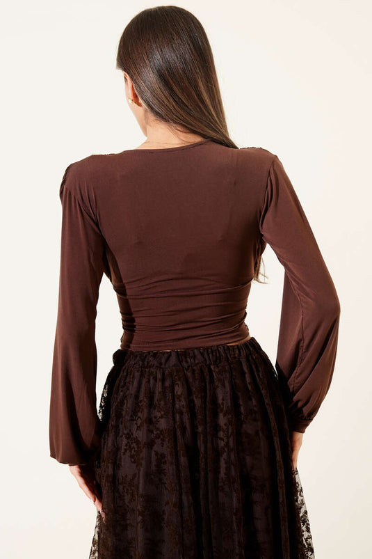 Blusa con arricciatura sulla spalla Marrone