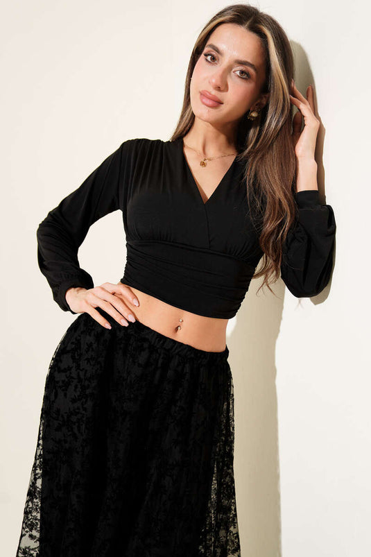 Omuz Büzgülü Bluz Siyah