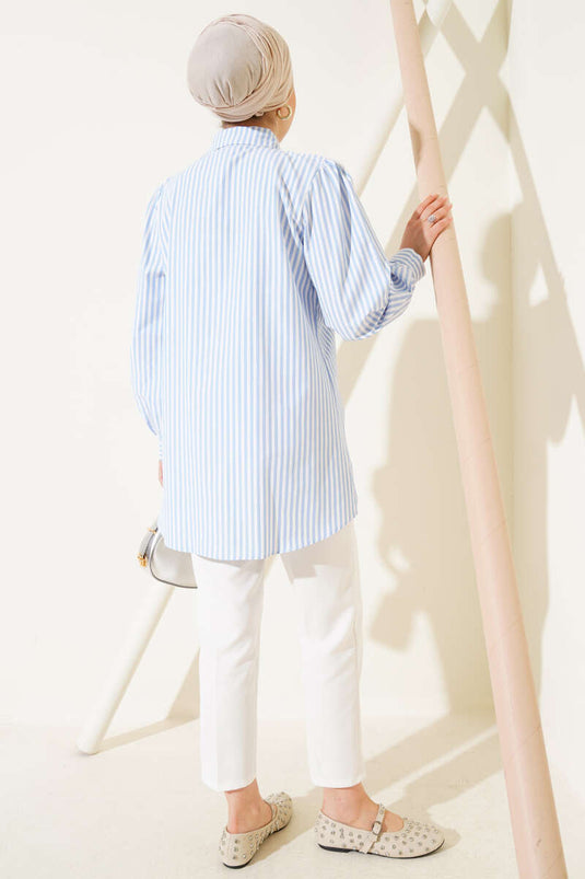 Chemise rayée à épaules froncées bleu glacier