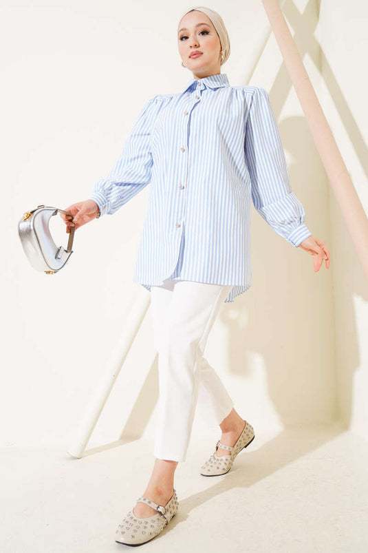 Chemise rayée à épaules froncées bleu glacier