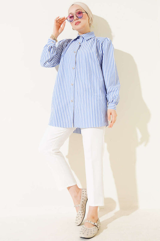 Chemise rayée à épaules froncées bleue