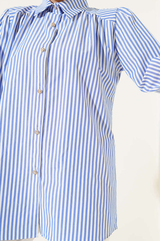 Chemise rayée à épaules froncées bleue