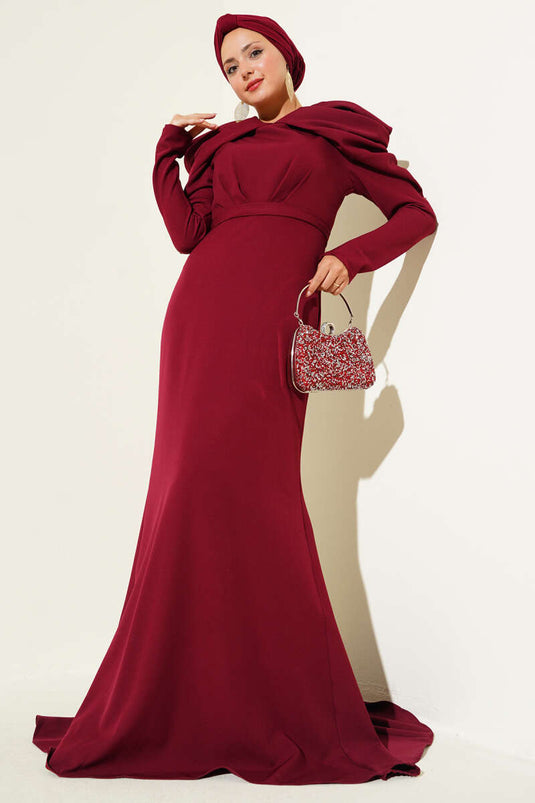 Omuz Büzgülü Dabıl Abiye Elbise Bordo