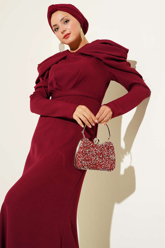 Omuz Büzgülü Dabıl Abiye Elbise Bordo