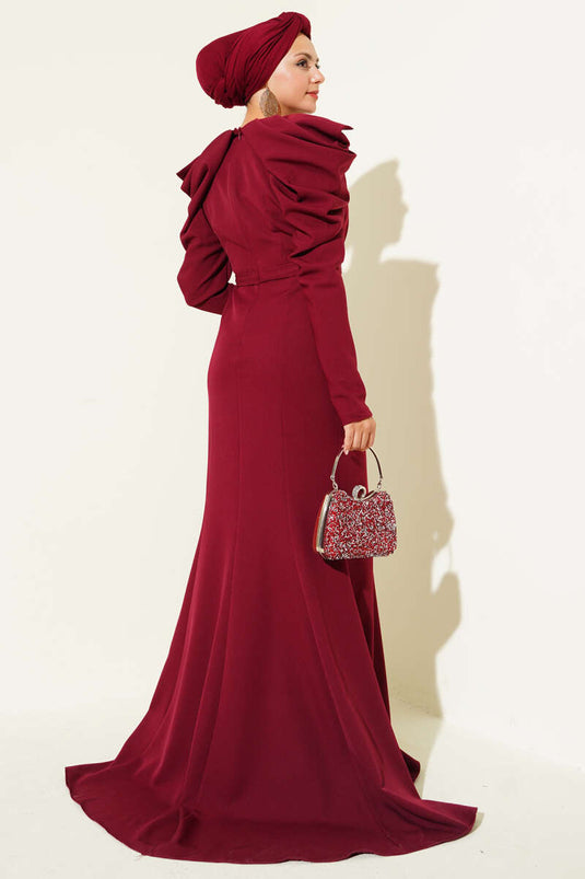Omuz Büzgülü Dabıl Abiye Elbise Bordo