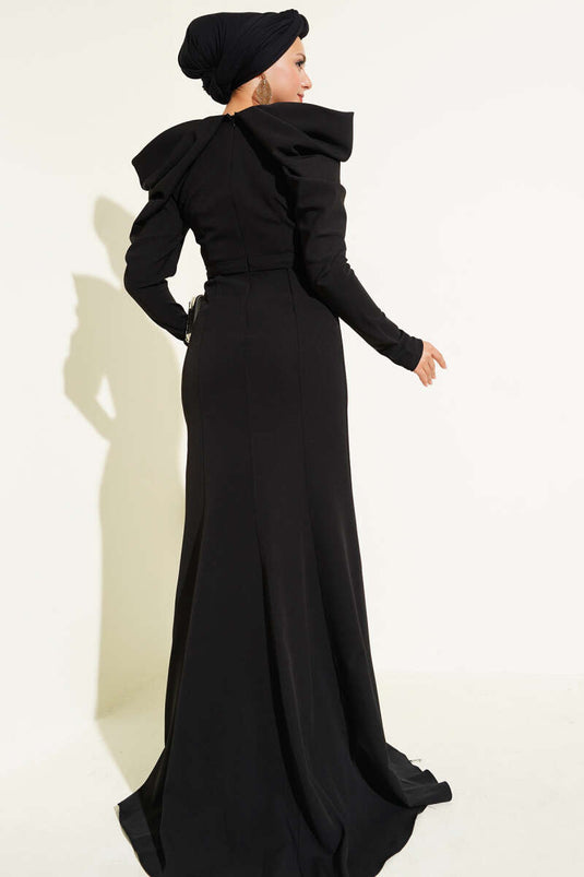 Shoulder Pleated Double Breasted Evening Dress Black