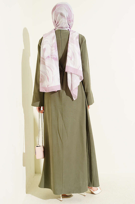 Schultergathered Tencel Kleid Mit Goldener Schnalle Khaki