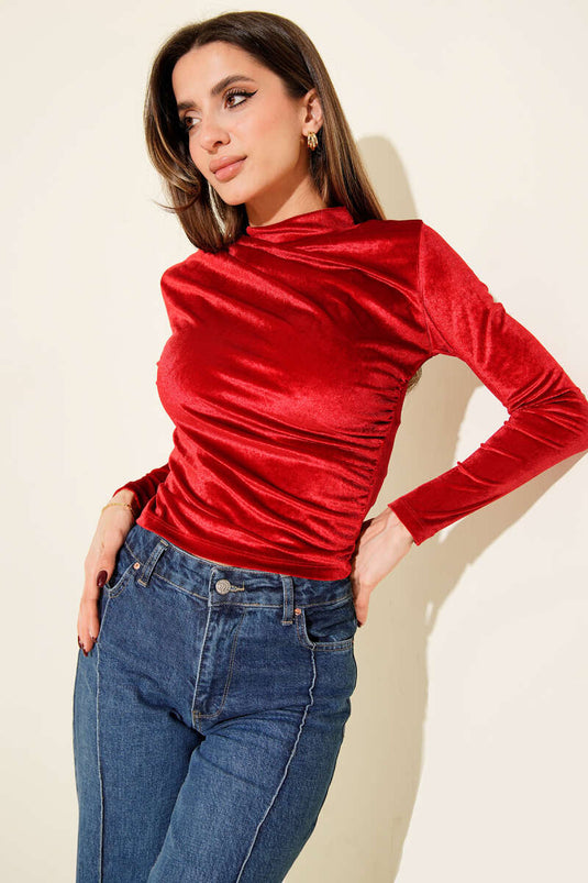 Burgundy Velvet Crop Top with Gathered Shoulders