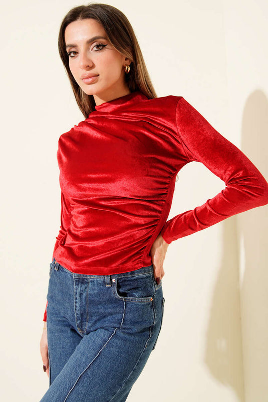 Burgundy Velvet Crop Top with Gathered Shoulders