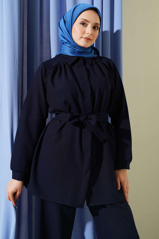 Double Set with Shoulder Ruching and Belt Navy Blue