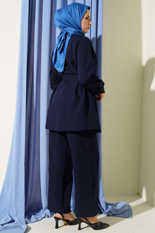 Double Set with Shoulder Ruching and Belt Navy Blue