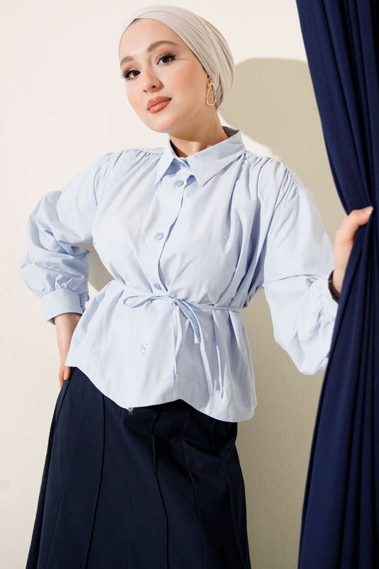 Shoulder Ruched Belted Short Shirt Baby Blue