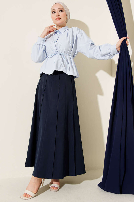 Shoulder Ruched Belted Short Shirt Baby Blue