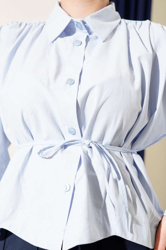 Shoulder Ruched Belted Short Shirt Baby Blue