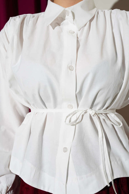 Omuz Büzgülü Kuşaklı Kısa Gömlek Ekru