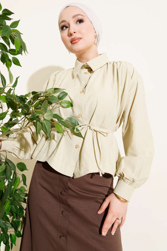 Shoulder Ruched Belted Short Shirt Olive Green