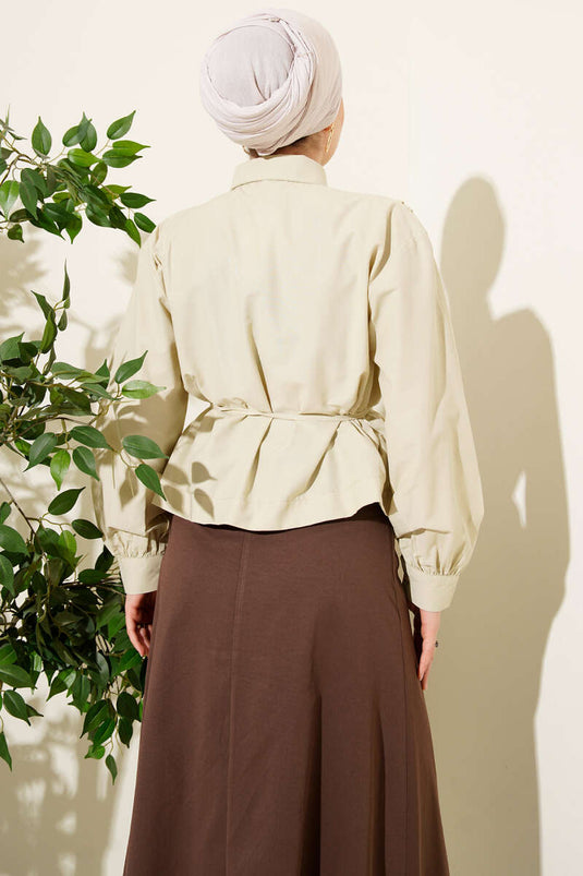 Shoulder Ruched Belted Short Shirt Olive Green