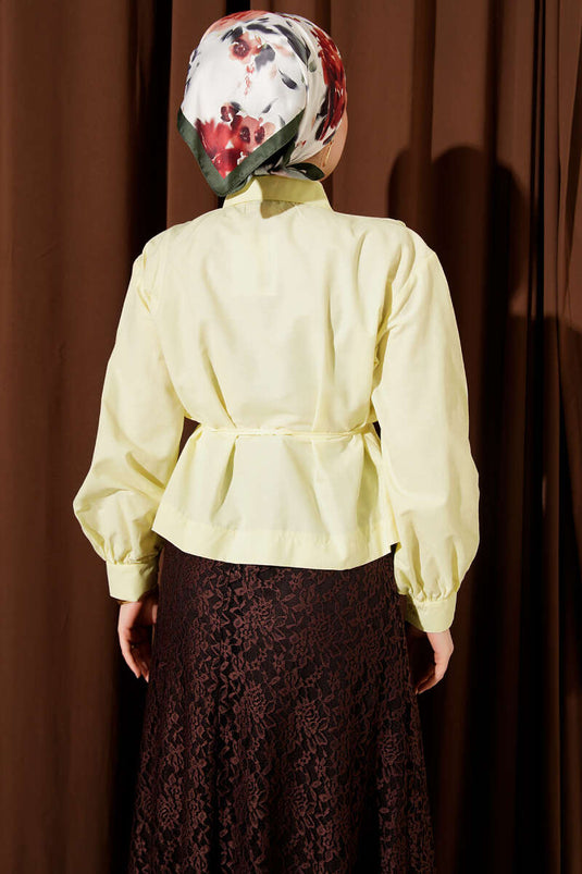 Omuz Büzgülü Kuşaklı Kısa Gömlek Sarı