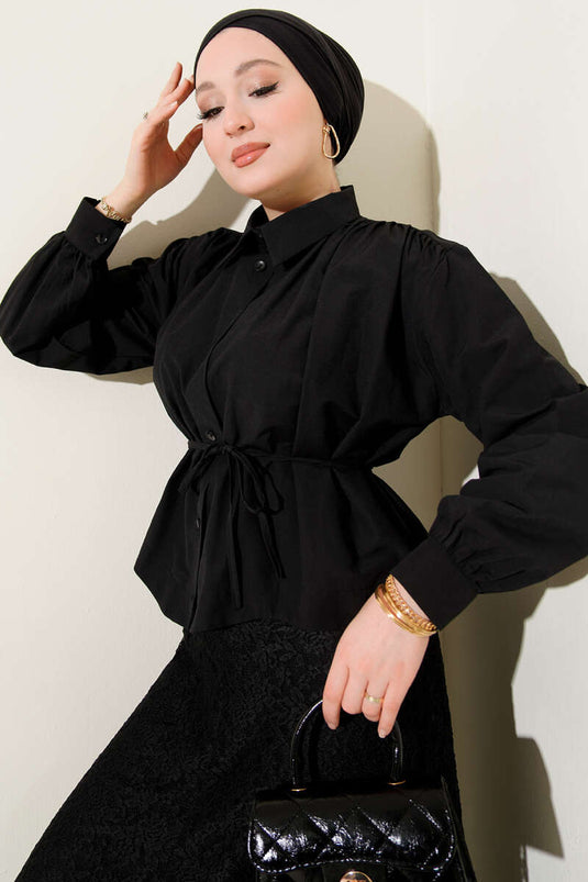 Shoulder Ruched Belted Short Shirt Black
