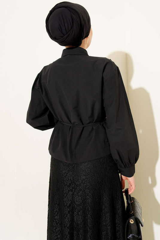 Shoulder Ruched Belted Short Shirt Black