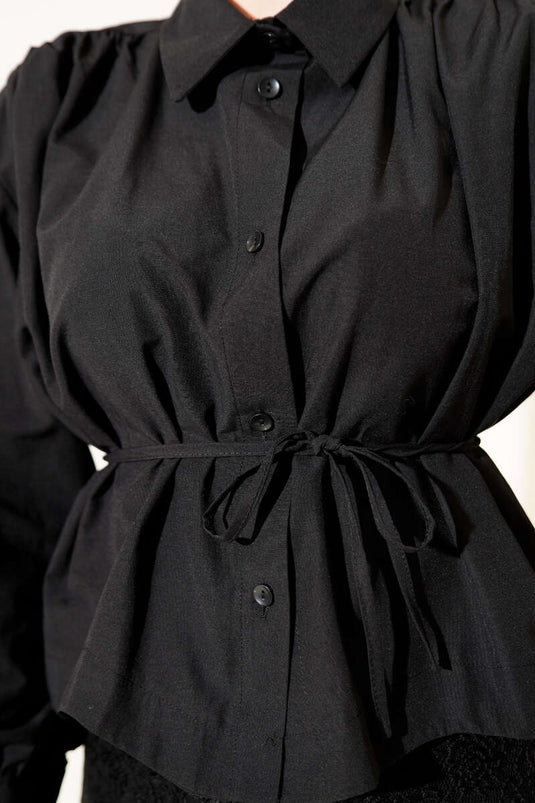 Shoulder Ruched Belted Short Shirt Black
