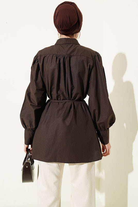 Camicia in popeline con coulisse e cintura, marrone scuro