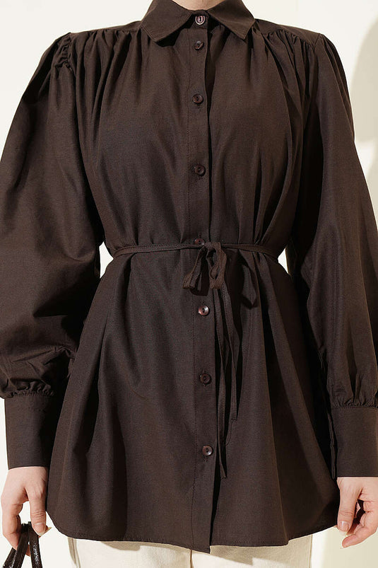 Camicia in popeline con coulisse e cintura, marrone scuro