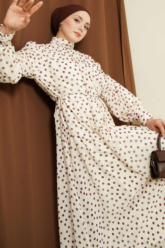 Schulter gerafftes gepunktetes Chiffonkleid Beige Braun