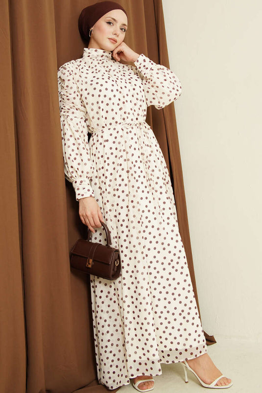 فستان شيفون منقط بخصر مكشكش لون بيج بني