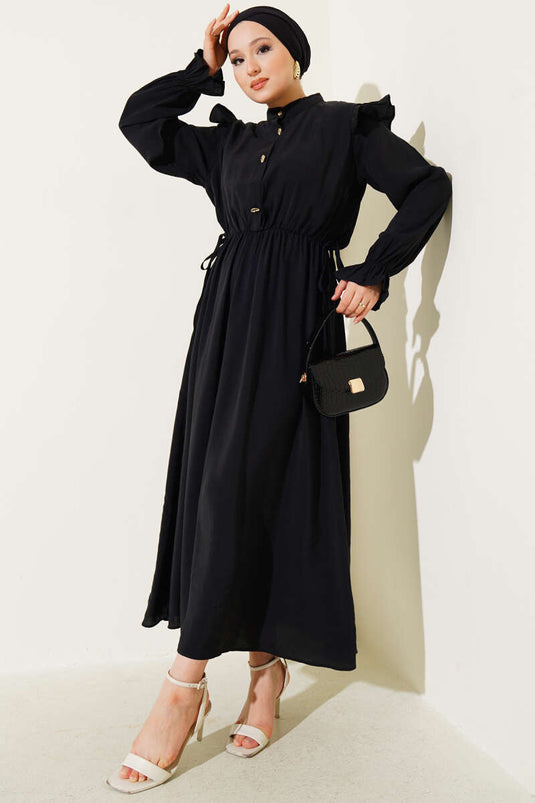 Half Buttoned Dress with Shoulder Gathers, Black