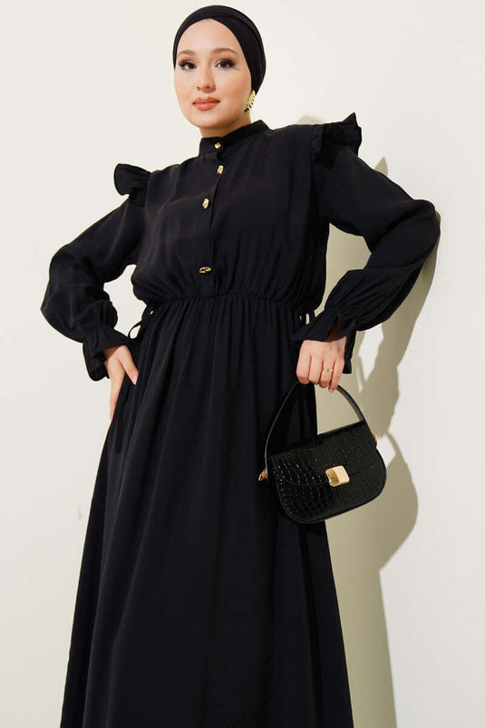 فستان نصف أزرار مع تجمعات على الكتف، أسود