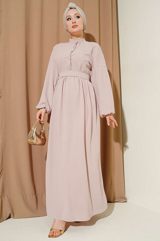 Shoulder Floral Embroidered Buttoned Dress in Powder Pink