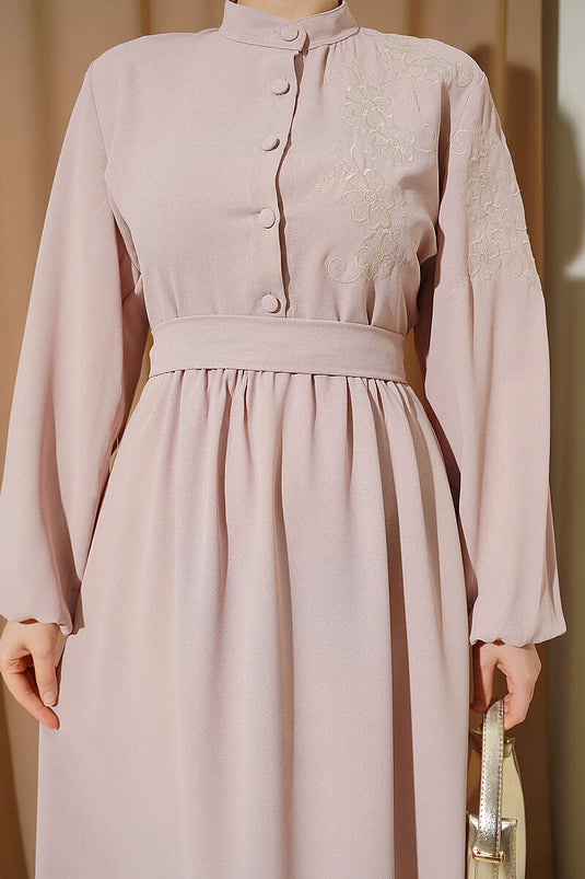 Shoulder Floral Embroidered Buttoned Dress in Powder Pink