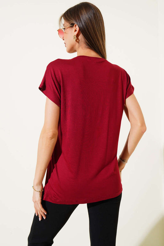 T-shirt à épaulettes effet pierre, rouge bordeaux