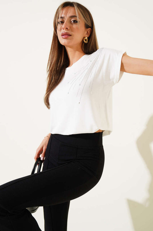 T-shirt écru à épaulettes effet pierre