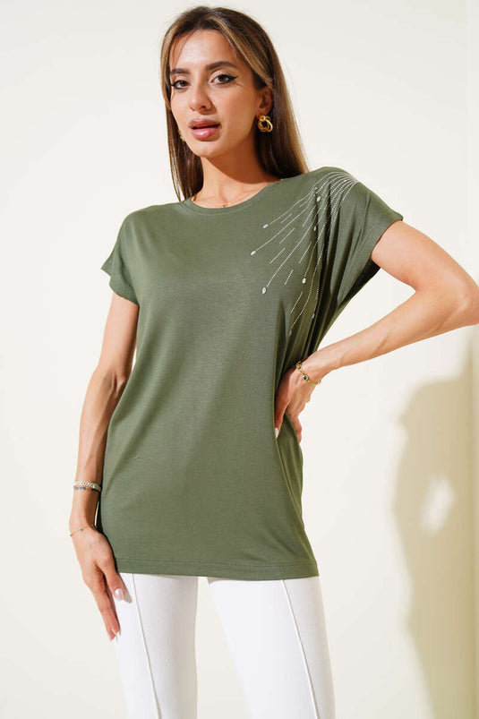 T-shirt kaki à épaulettes et pierres