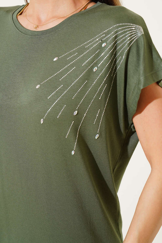 T-shirt kaki à épaulettes et pierres