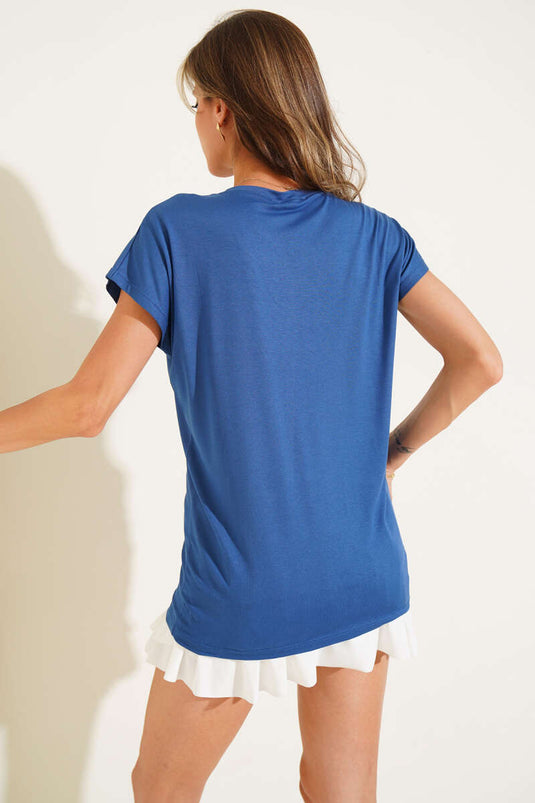Indigo Shoulder Drop Stone Embellished T-shirt