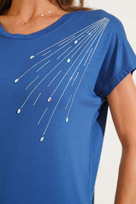 Indigo Shoulder Drop Stone Embellished T-shirt