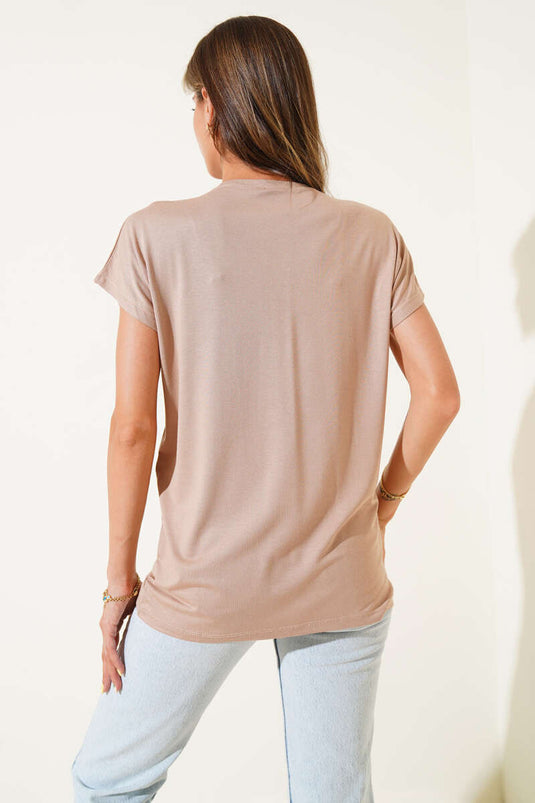Shoulder Drop Stone Embellished T-shirt Latte