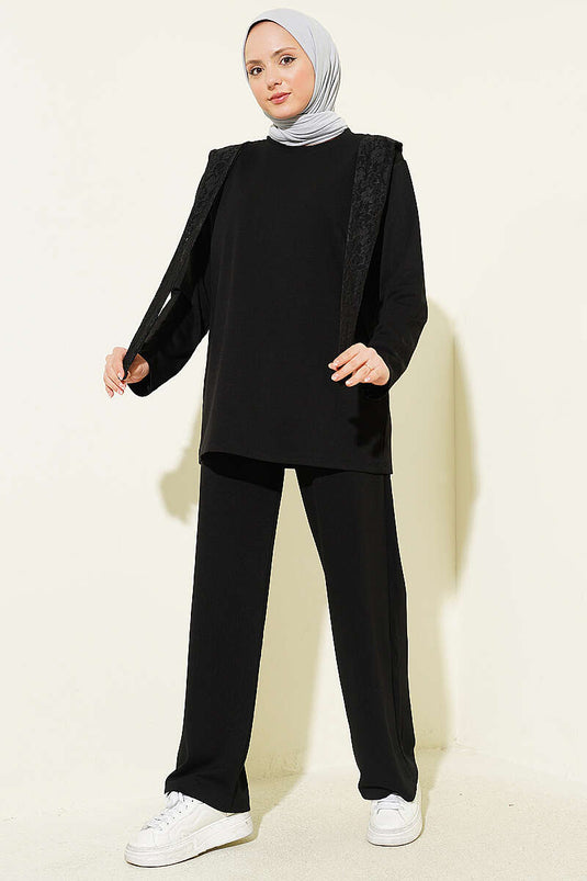 Ensemble double Loyşa avec écharpe en dentelle à l'épaule, noir