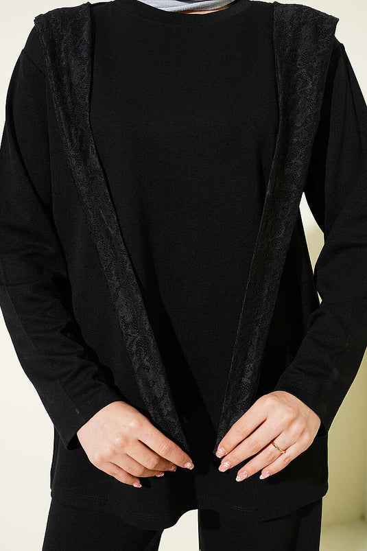 Ensemble double Loyşa avec écharpe en dentelle à l'épaule, noir