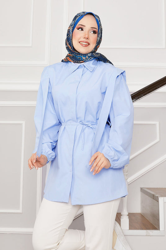 Chemise hijab à boutons cachés et détails sur les épaules, bleu bébé