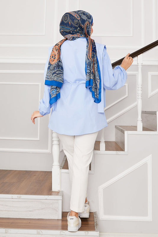 Omuz Detaylı Gizli Düğmeli Tesettür Gömlek Bebe Mavisi