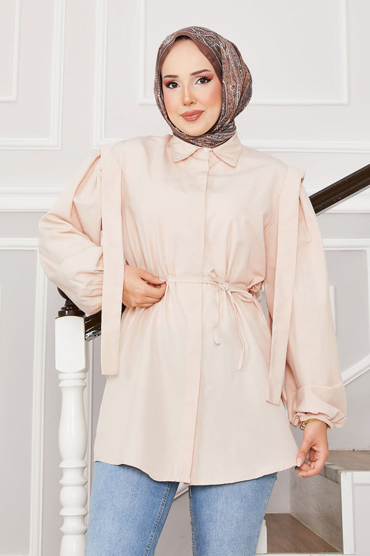 Chemise hijab beige à boutons cachés et détails sur les épaules