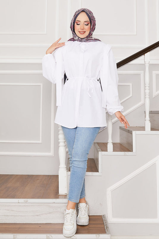 Omuz Detaylı Gizli Düğmeli Tesettür Gömlek Beyaz