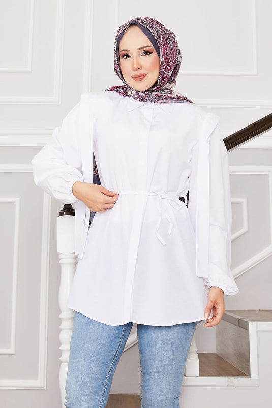 Omuz Detaylı Gizli Düğmeli Tesettür Gömlek Beyaz